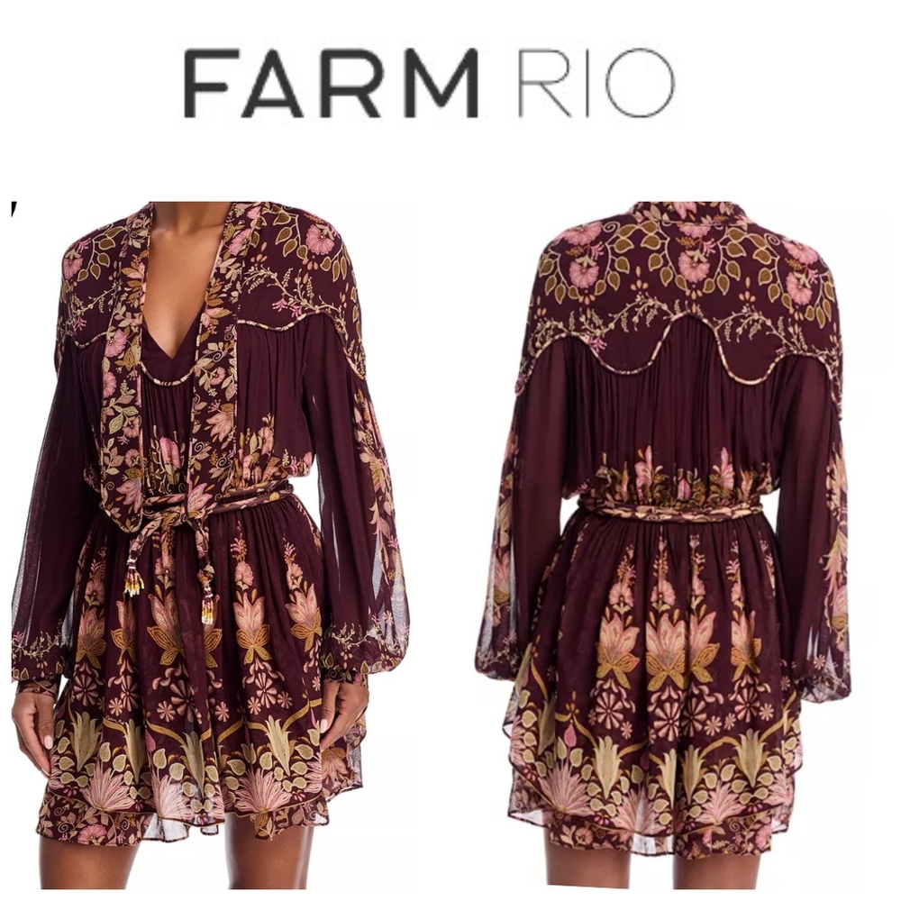 FARM Rio Plum Floral Long Sleeve Mini Dress